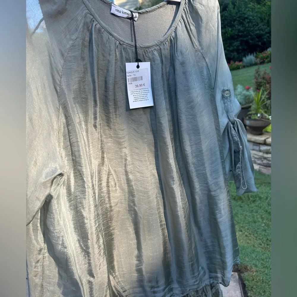 Nina Kendosa Silk Green Gray Blouse with Jersey ruffled Liner in size large NWT - Picture 10 of 16
